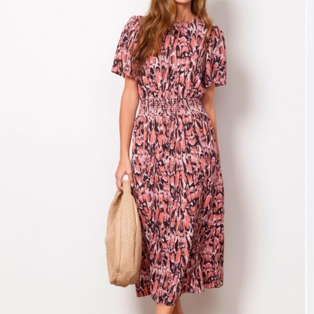 Evereve Alana Smocked Abstract Midi Dress Pink Black Size XL Side Slit Pockets